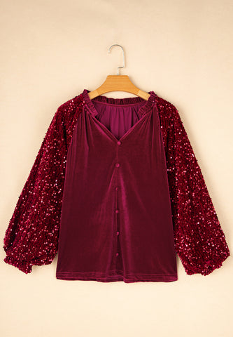 Sequin Notched Long Sleeve Blouse Trendsi