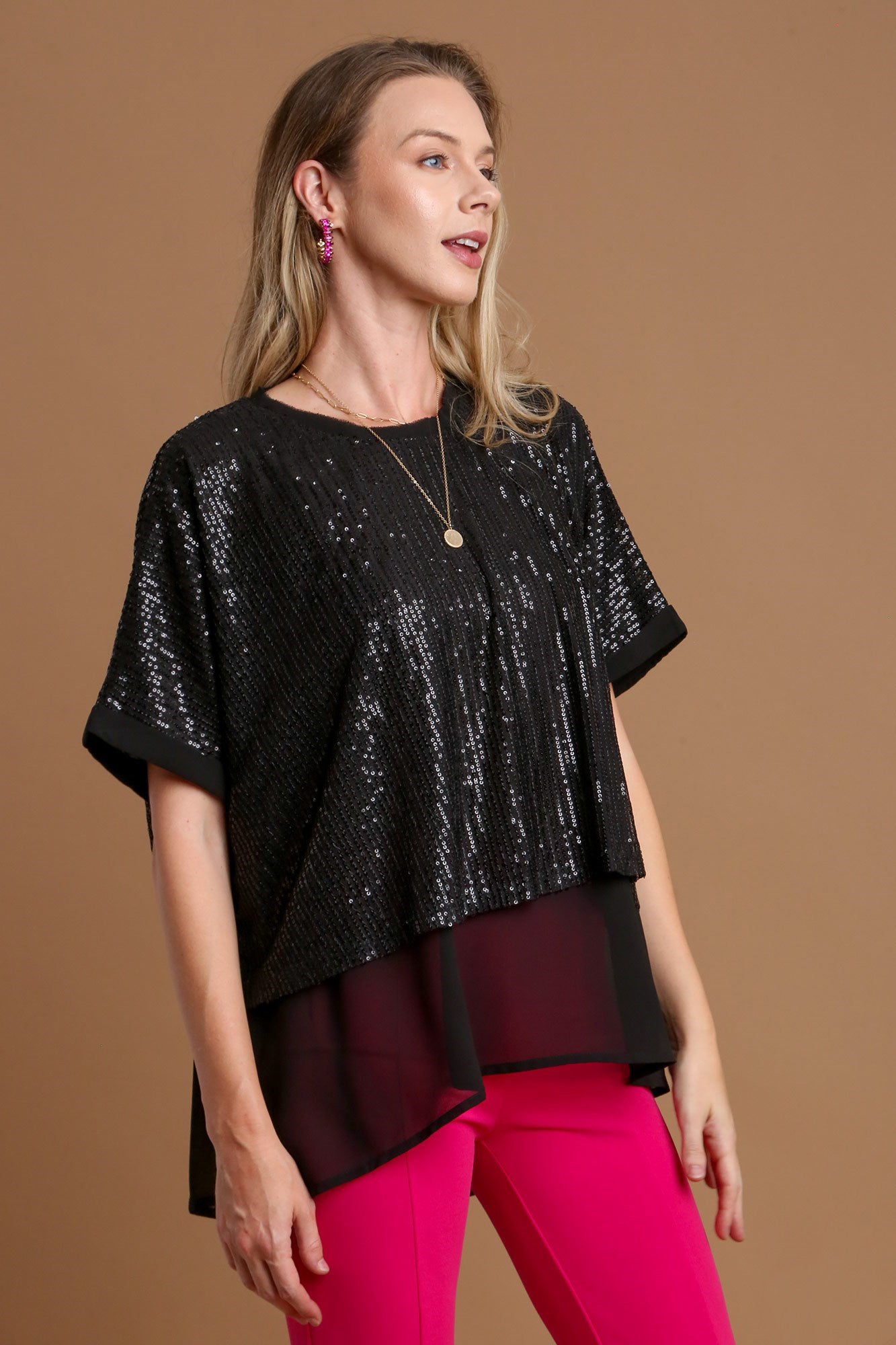 Umgee Sequin Half Sleeve Layered Blouse Trendsi