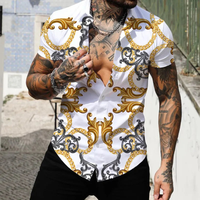 Creative Gold Chain Print Lapel Short Sleeve Slim Shirt Fashion Boss 21