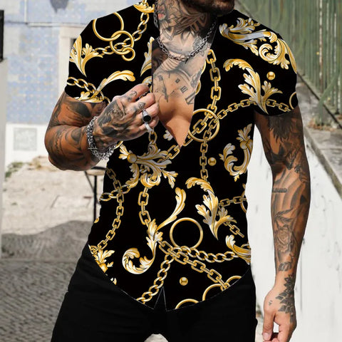 Creative Gold Chain Print Lapel Short Sleeve Slim Shirt Fashion Boss 21
