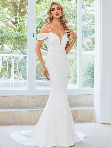 Spaghetti Strap Mermaid Pleated Deep V-Neck Wedding Dress Fashion Boss 21