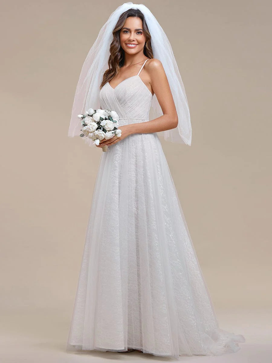 Spaghetti Strap Waist Pearl Sweetheart Collar Tulle Wedding Dress with Lace Fashion Boss 21