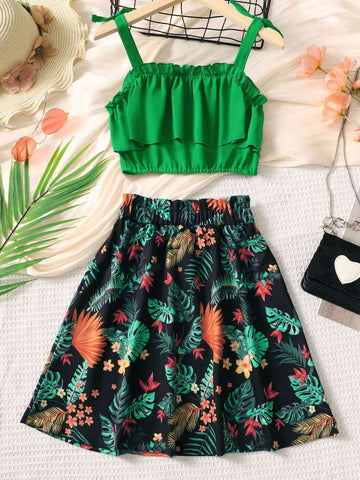 Kids Layered Cami and Floral Skirt Set Trendsi