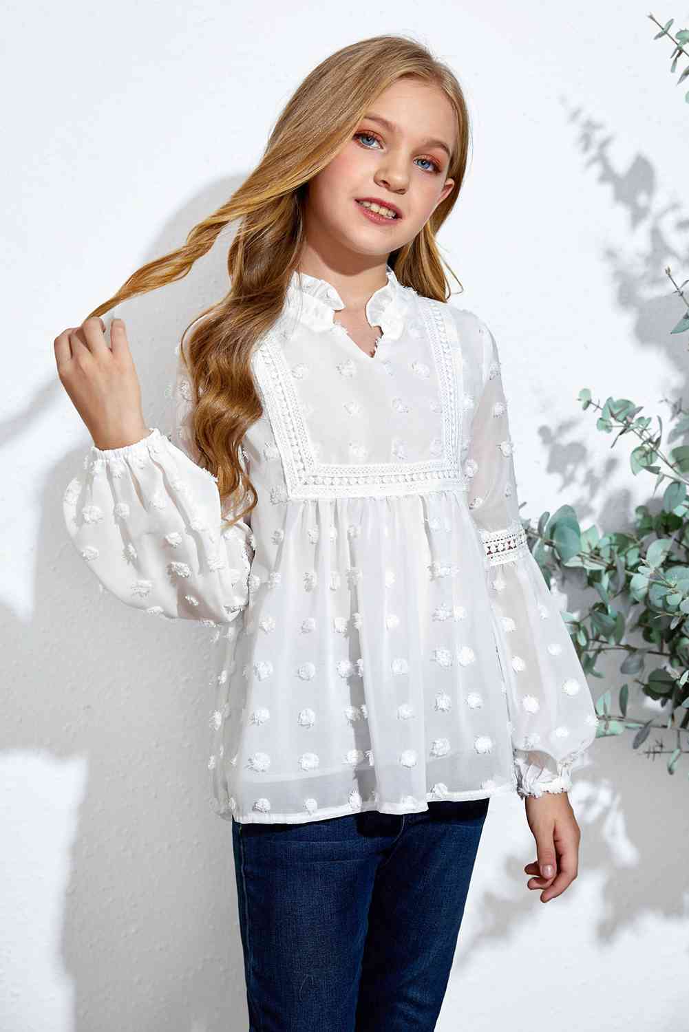 Girls Swiss Lace Notched Blouse Trendsi