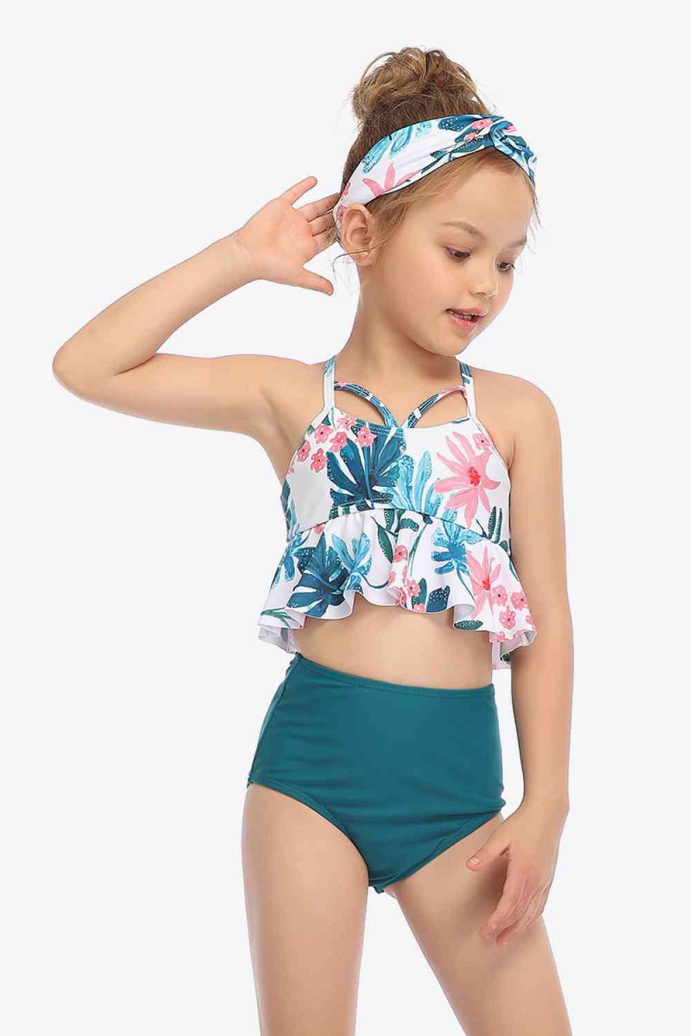 Botanical Print Crisscross Ruffled Two-Piece Swim Set Trendsi