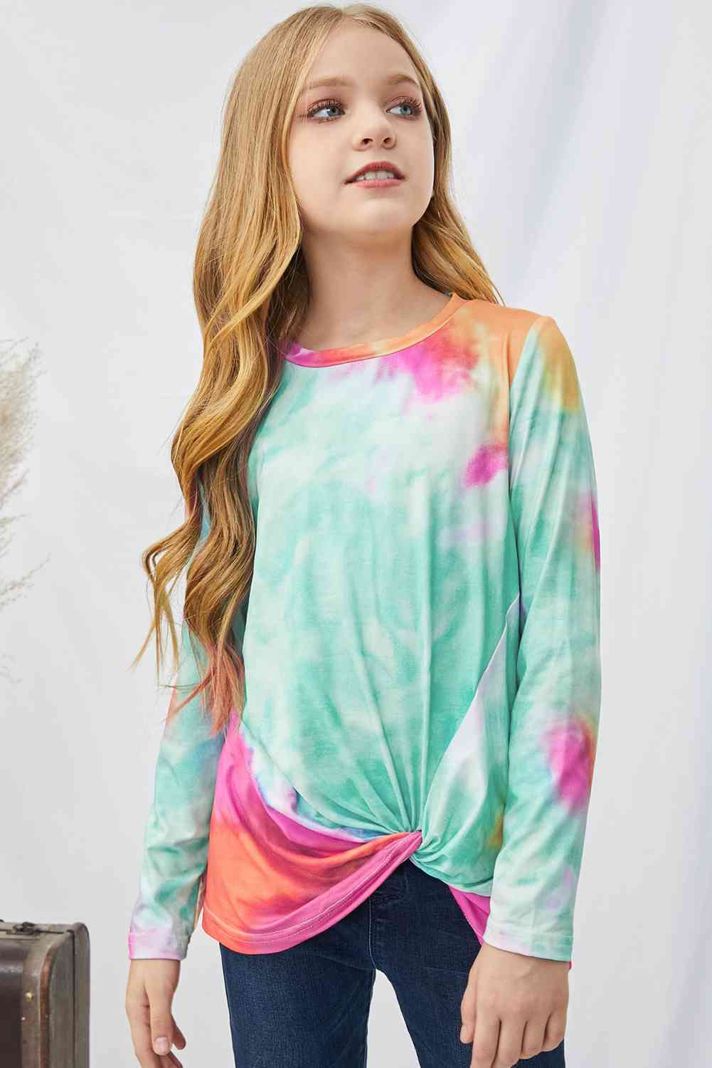 Girls Tie-Dye Twist Front Long Sleeve Top Trendsi