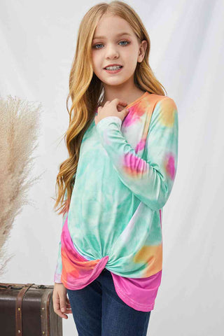 Girls Tie-Dye Twist Front Long Sleeve Top Trendsi