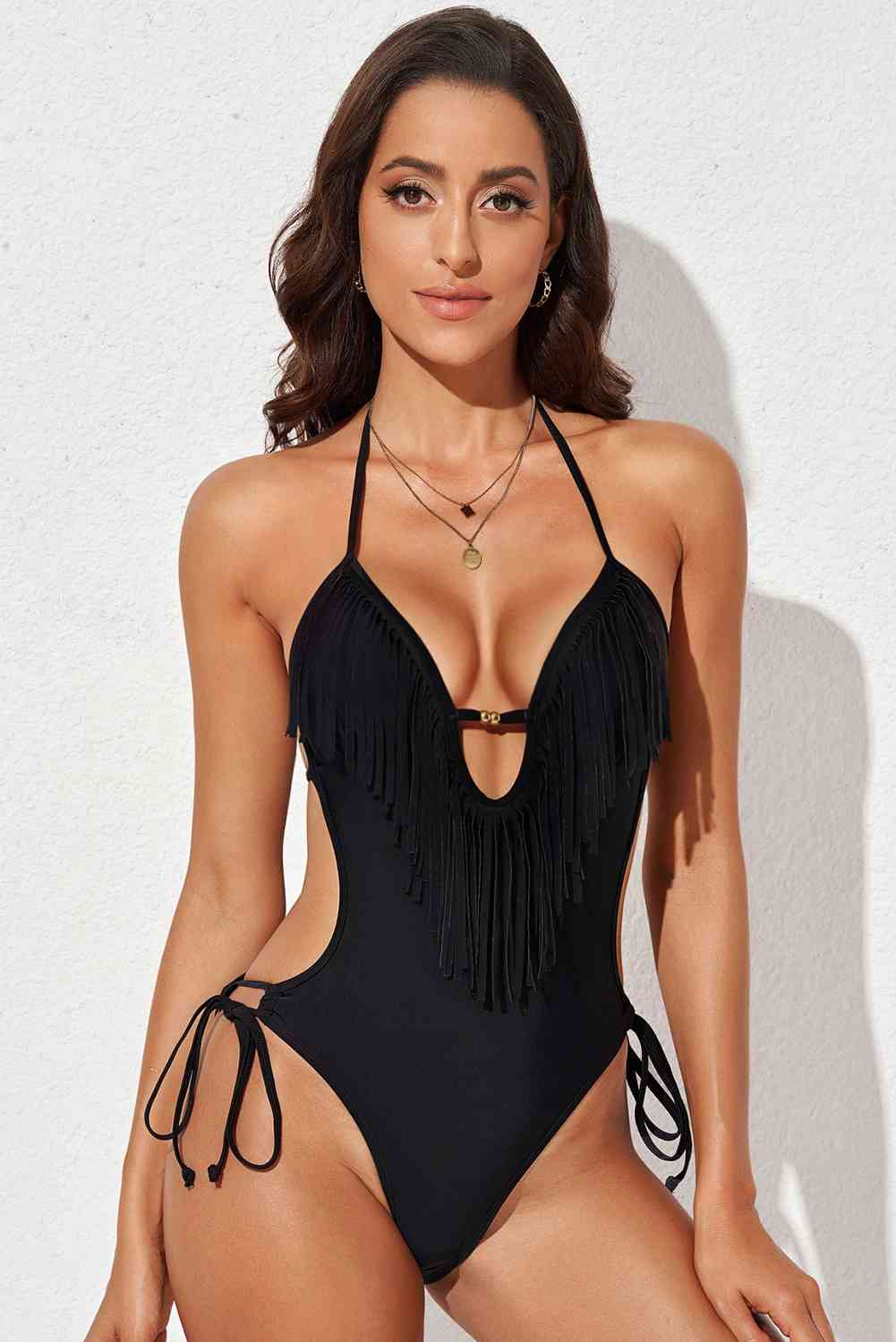 Fringe Trim Tied Halter Neck Backless One-Piece Swimsuit Trendsi