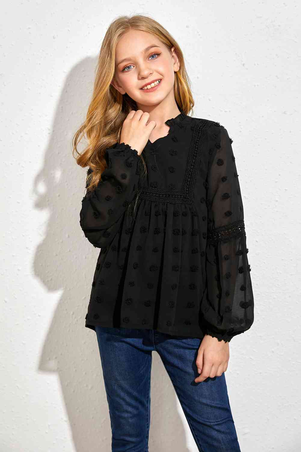 Girls Swiss Lace Notched Blouse Trendsi