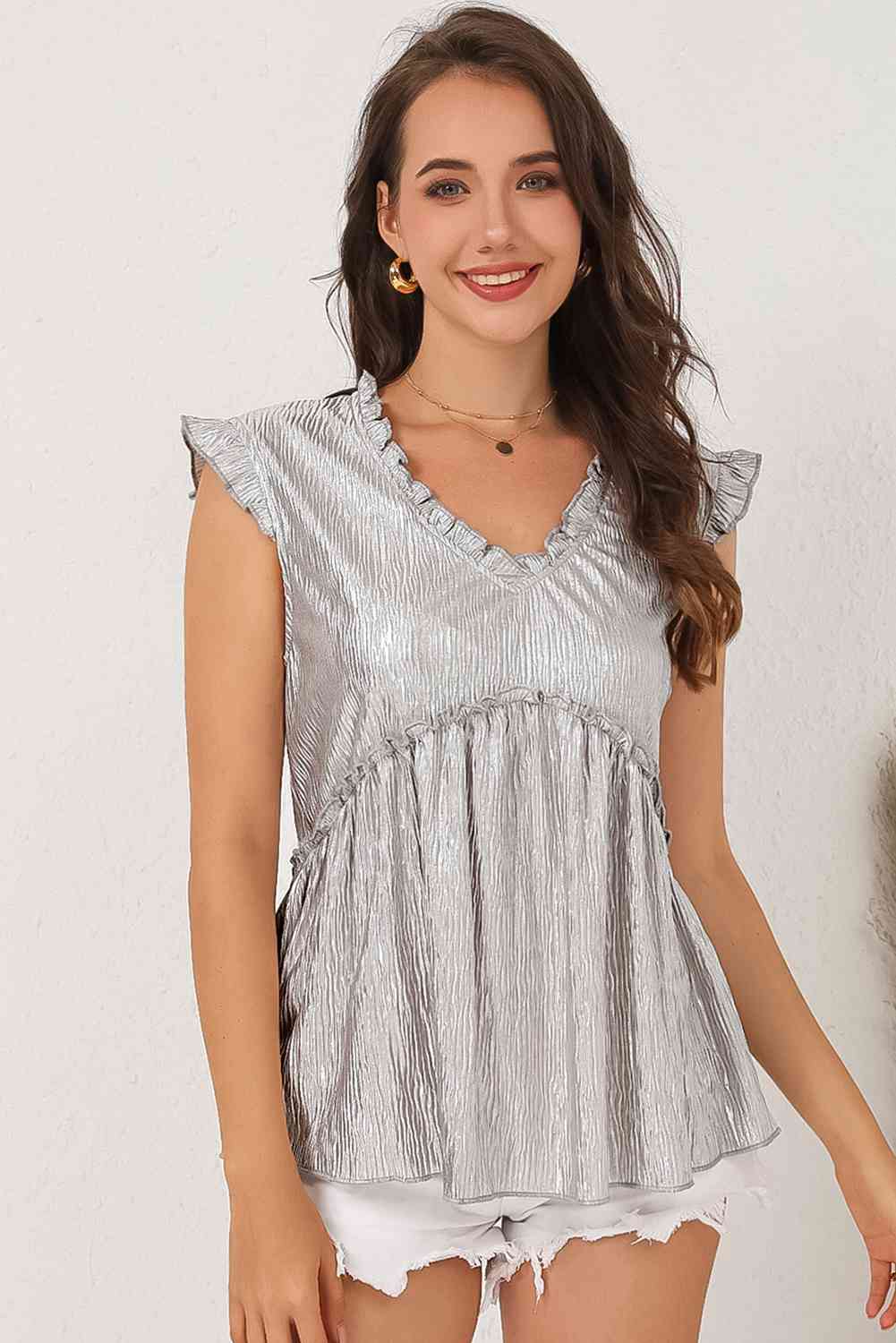 Frill Trim V-Neck Metallic Blouse Trendsi