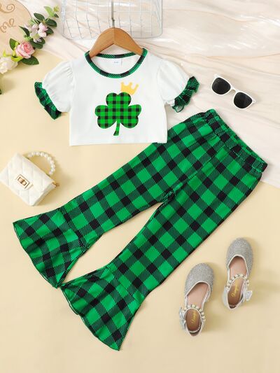 Kids Lucky Clover Round Neck Top and Plaid Pants Set Trendsi