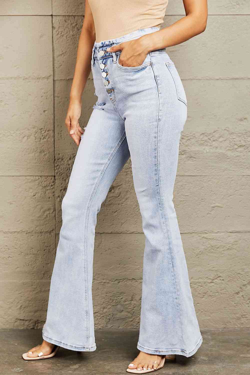 High Waisted Button Fly Flare Jeans Trendsi