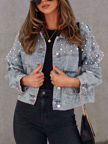 Pearl Trim Button Up Denim Jacket with Pockets Fashion Boss 21