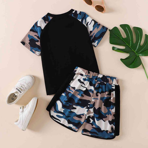 HELLO BOY Graphic Tee and Camouflage Shorts Set Trendsi