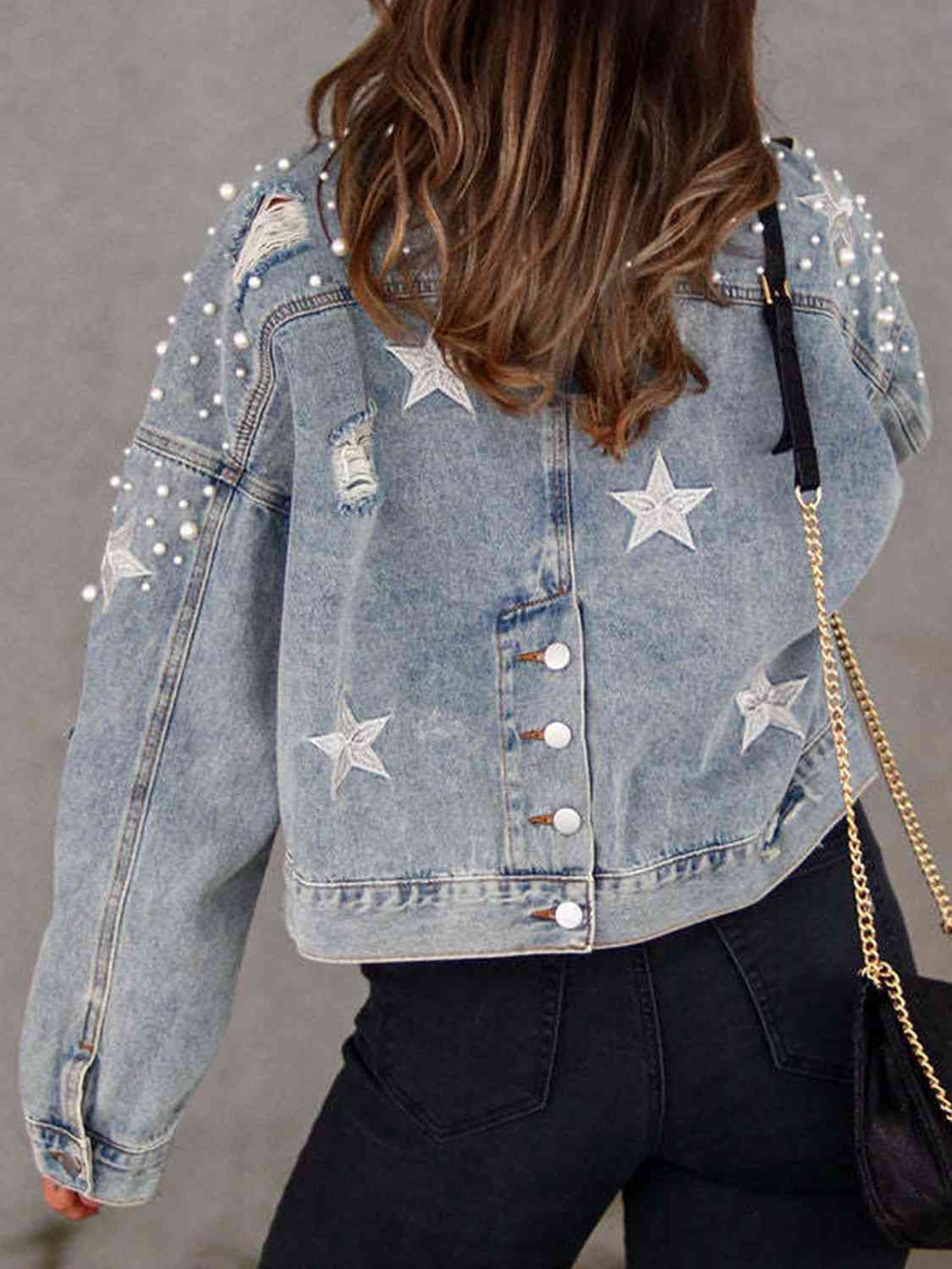 Pearl Trim Button Up Denim Jacket with Pockets Fashion Boss 21