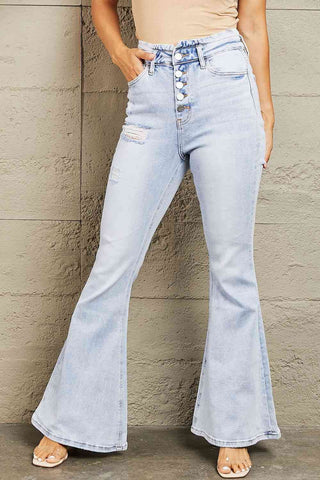 High Waisted Button Fly Flare Jeans Trendsi