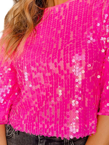 Sequin Round Neck Half Sleeve Blouse Trendsi