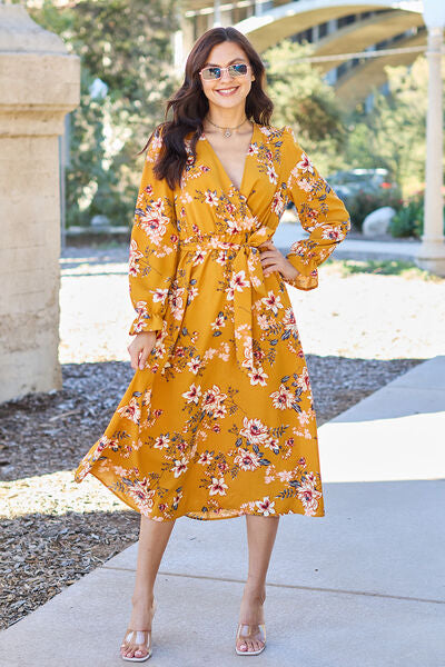Double Take Full Size Floral Tie Back Flounce Sleeve Dress Trendsi