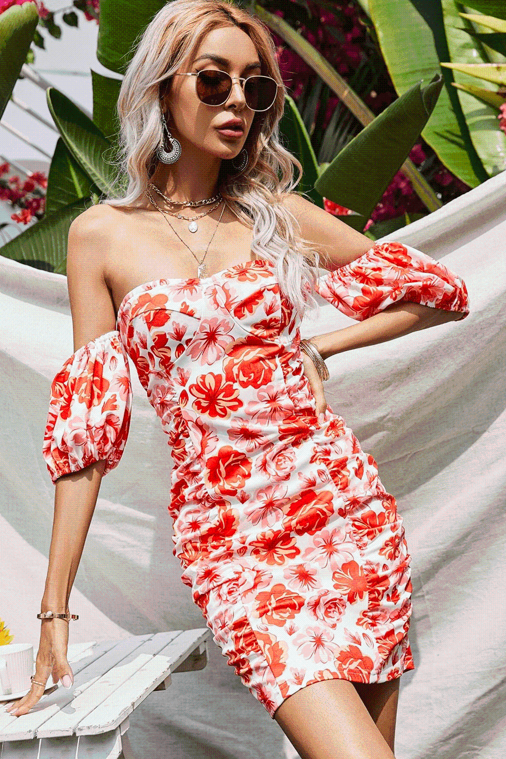 Off-Shoulder Floral Print Balloon Sleeve Dress Trendsi