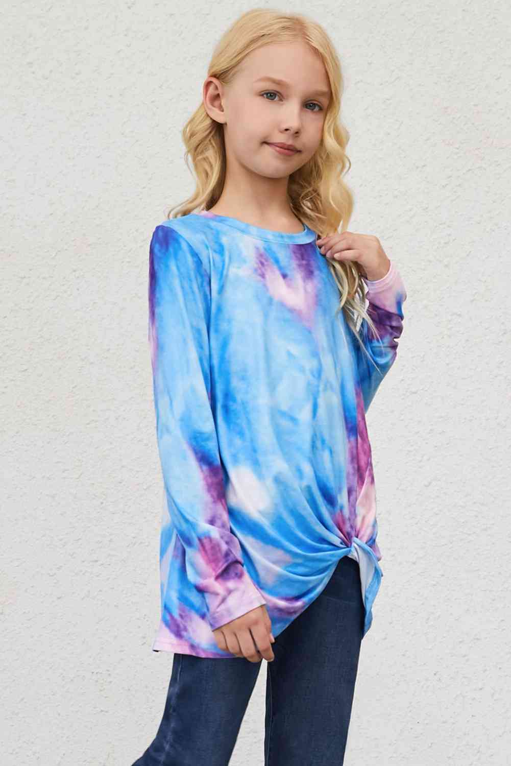 Girls Tie-Dye Twist Front Long Sleeve Top Trendsi