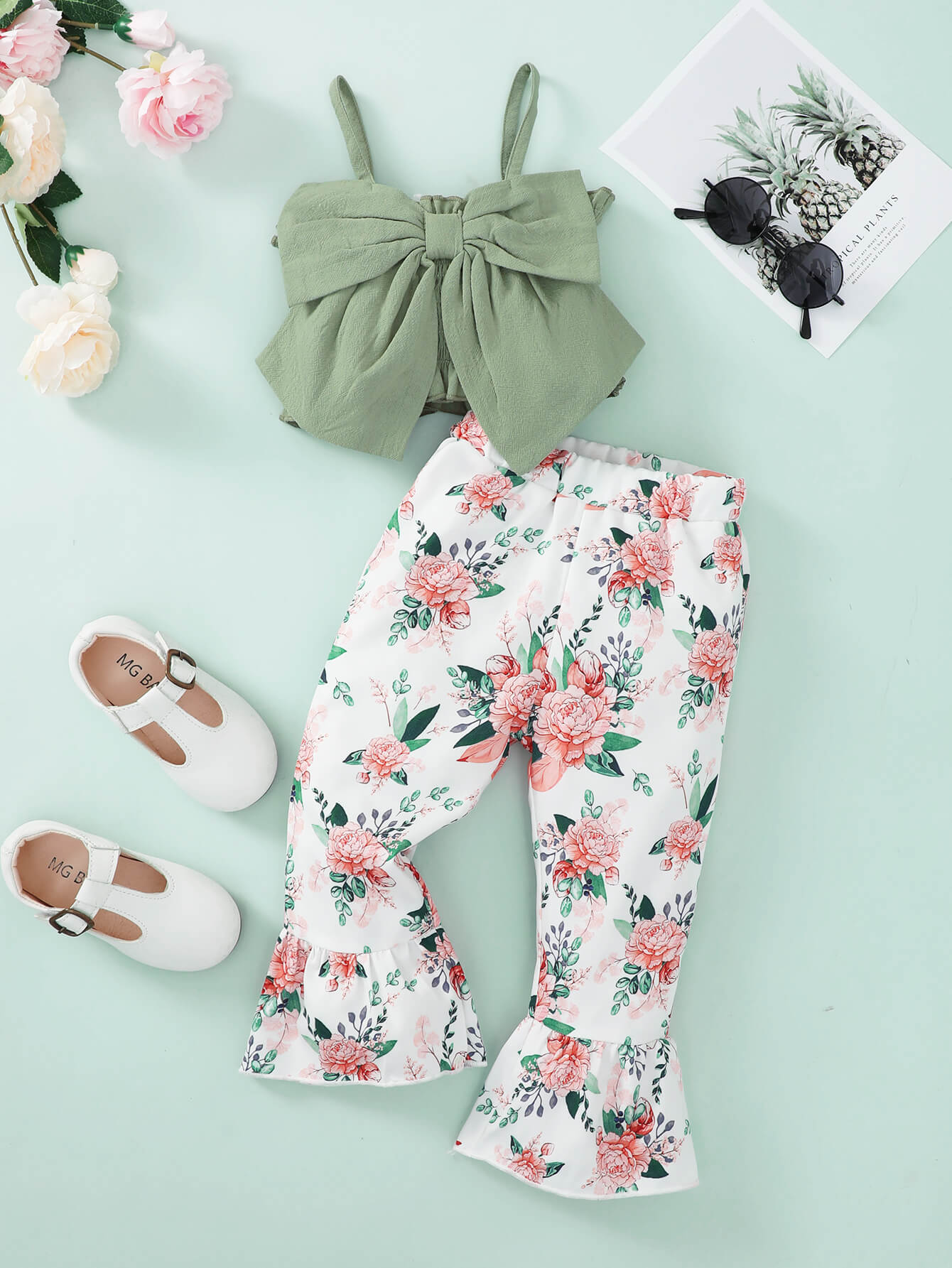 Girls Bow Detail Cami and Floral Flare Pants Set Trendsi