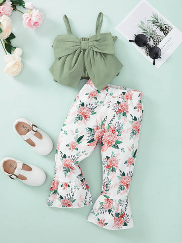 Girls Bow Detail Cami and Floral Flare Pants Set Trendsi
