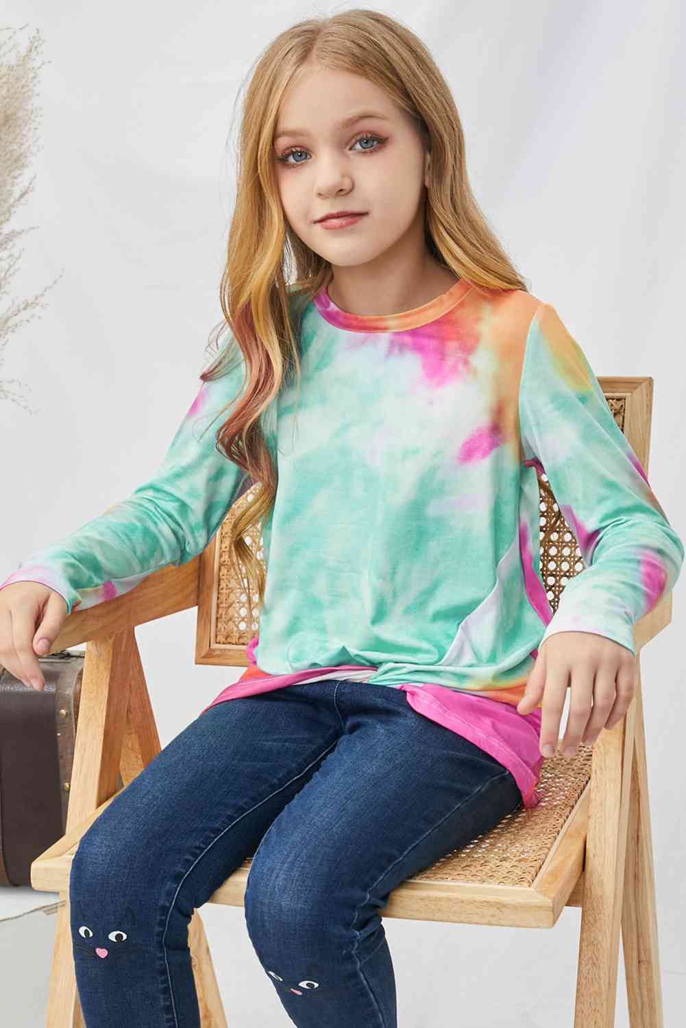 Girls Tie-Dye Twist Front Long Sleeve Top Trendsi