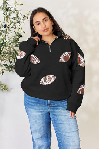 Double Take Full Size Sequin Football Half Zip Long Sleeve Sweatshirt Trendsi