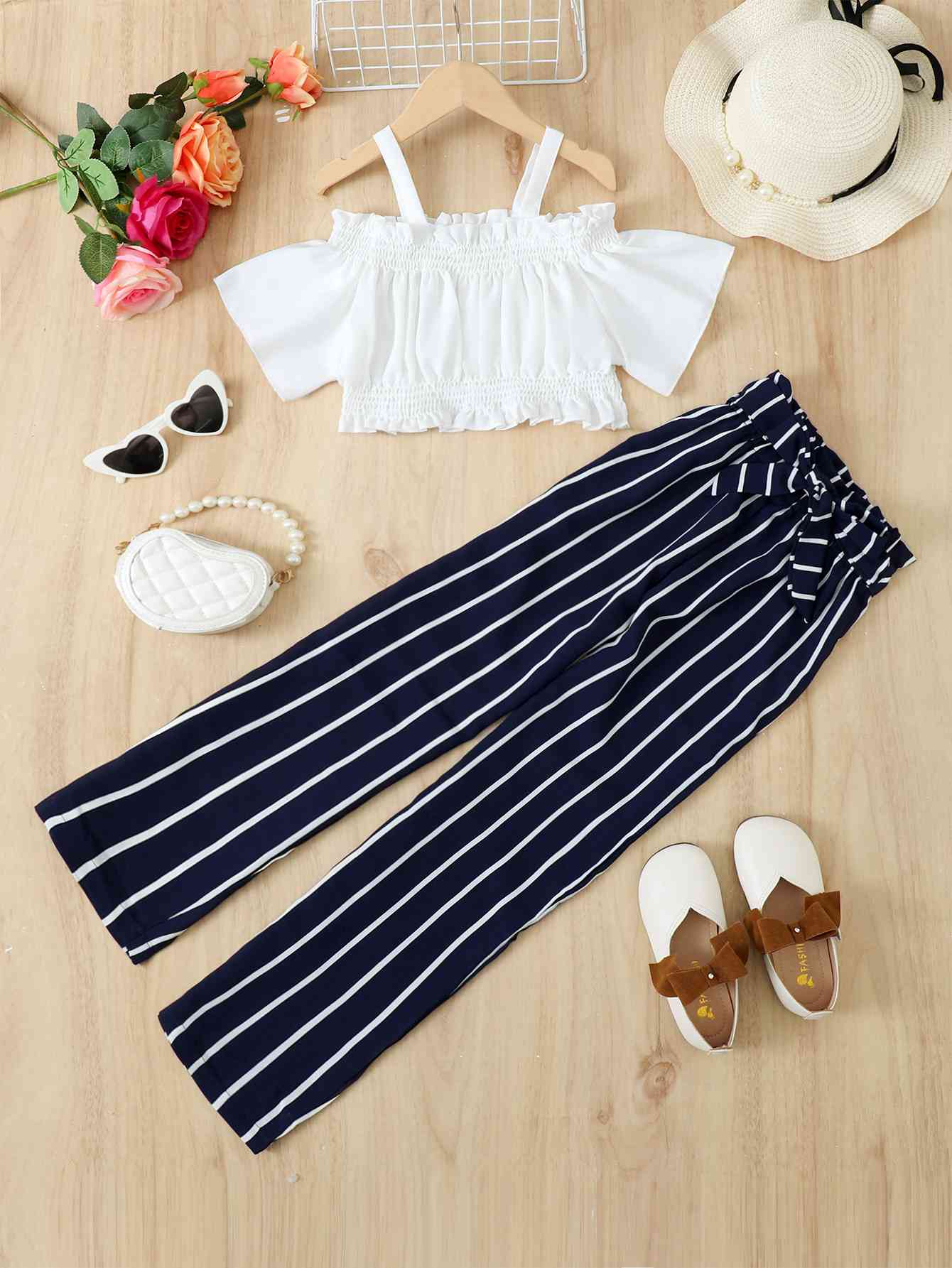 Kids Frill Trim Cropped Top and Striped Pants Set Trendsi