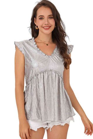 Frill Trim V-Neck Metallic Blouse Trendsi