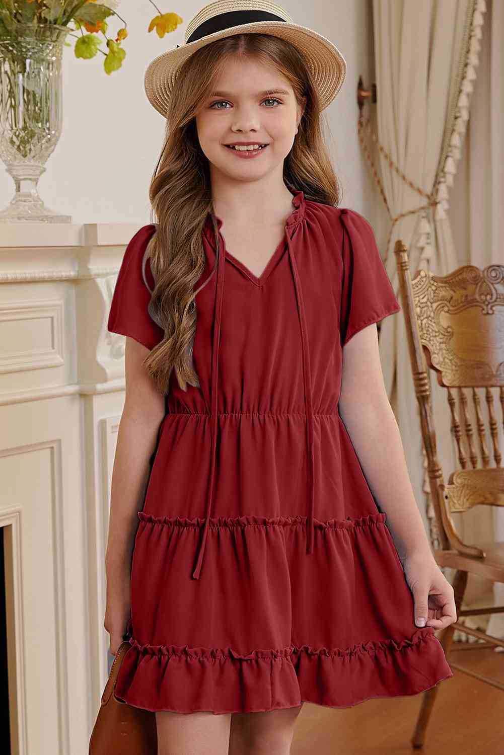 Girls Frilled Notched Neck Puff Sleeve Dress Trendsi