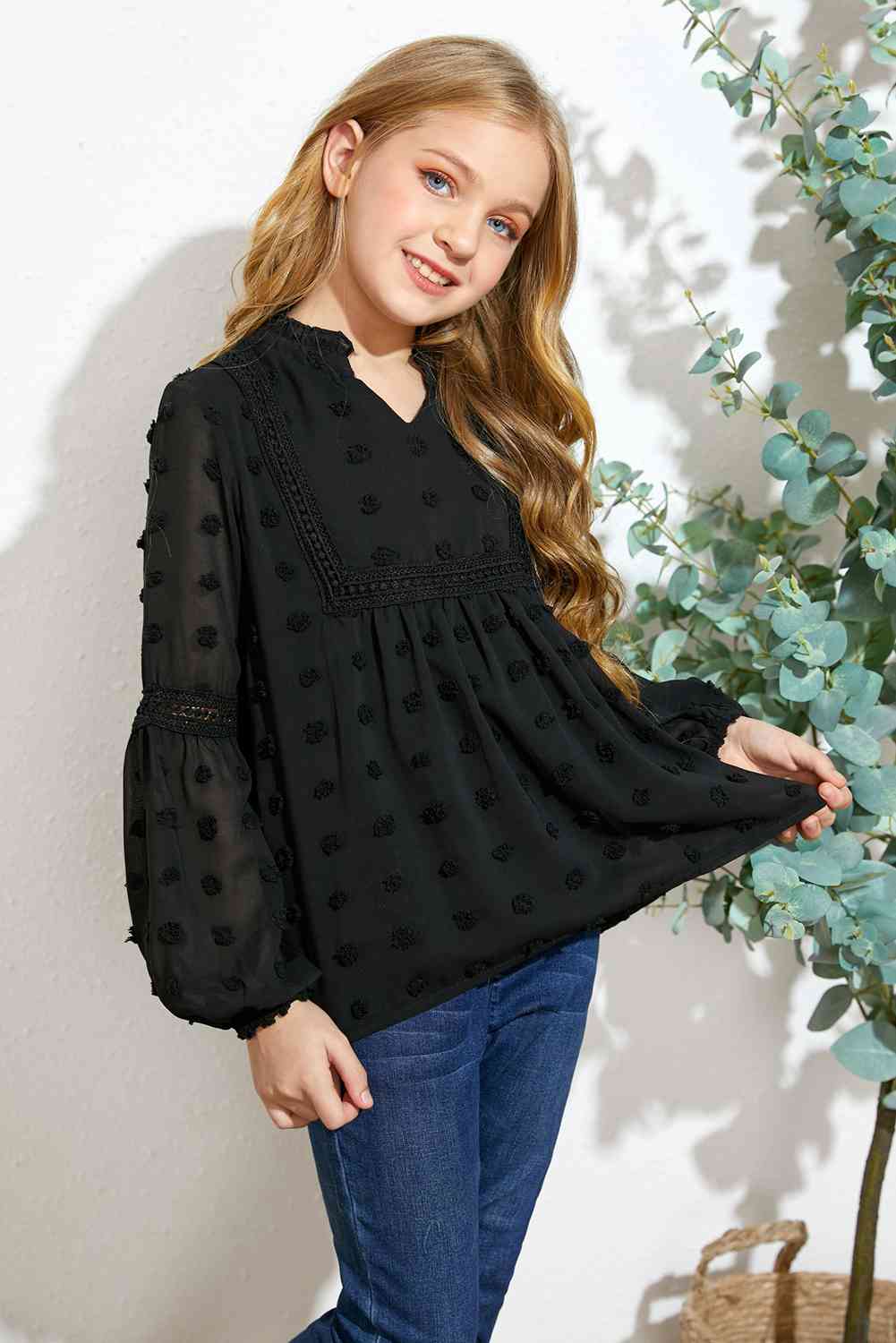 Girls Swiss Lace Notched Blouse Trendsi