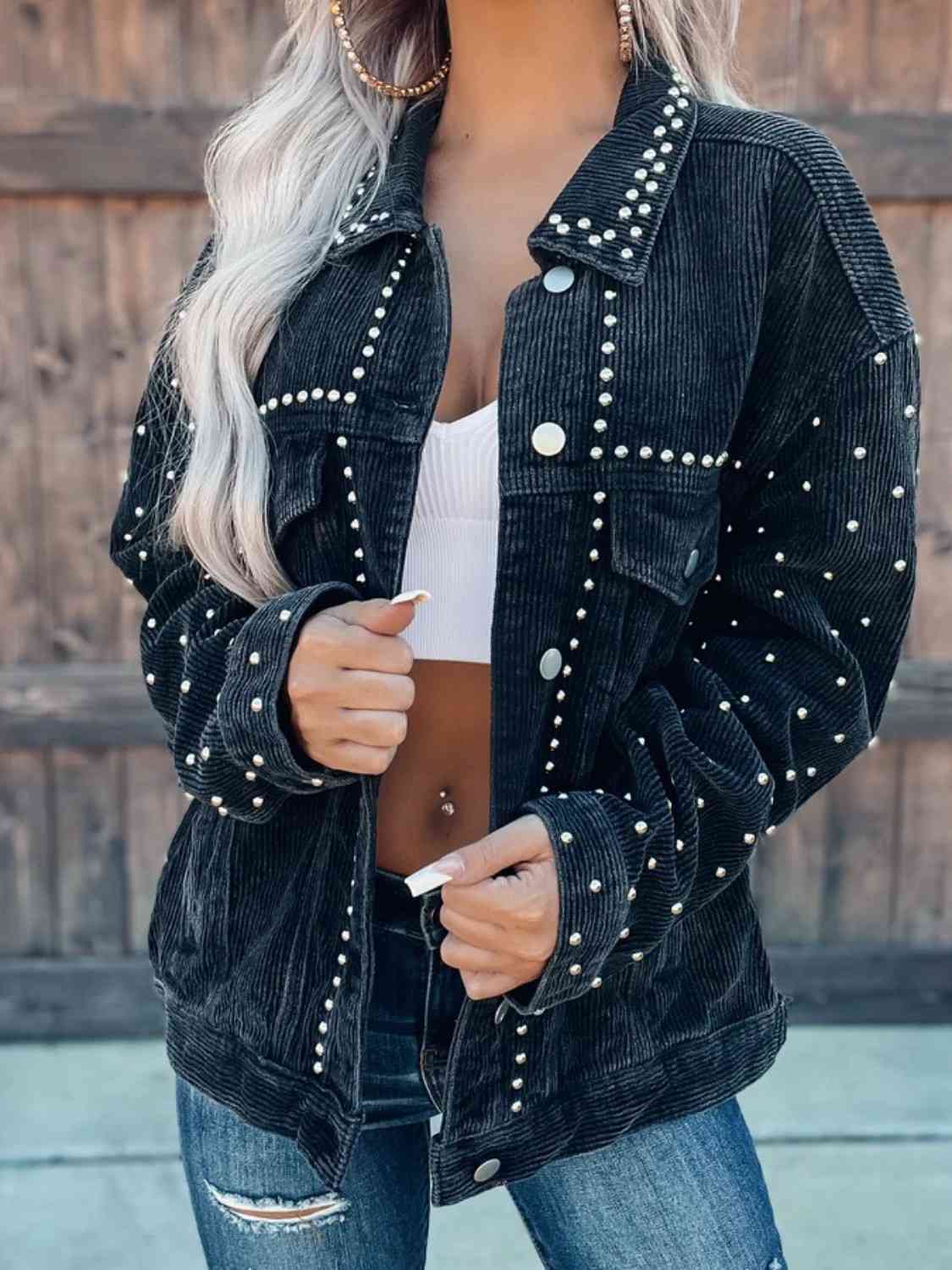 Studded Collared Neck Button Down Jacket Fashion Boss 21