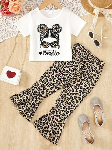 BESTIE Round Neck T-Shirt and Leopard Pants Set Trendsi