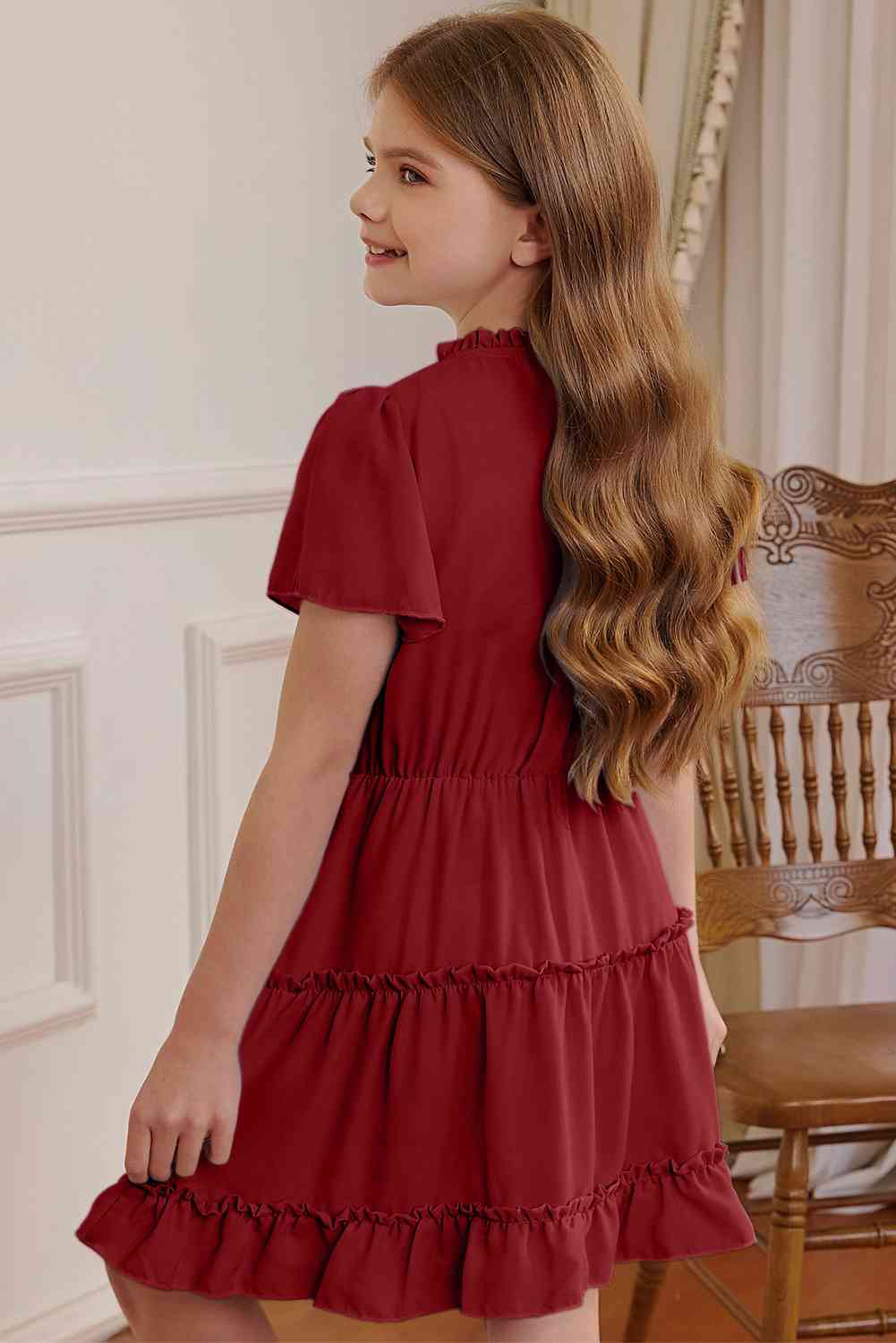 Girls Frilled Notched Neck Puff Sleeve Dress Trendsi