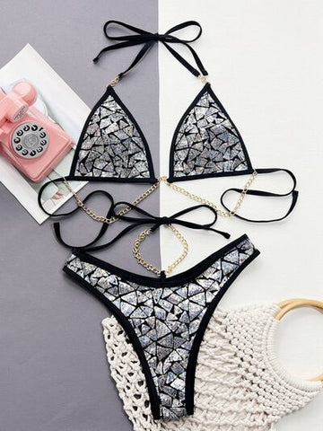 Sequin Halter Neck Two-Piece Bikini Set Trendsi