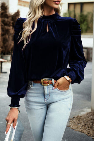 Tie Up Mock Neck Velvet Fabric Long Sleeve Blouse Trendsi