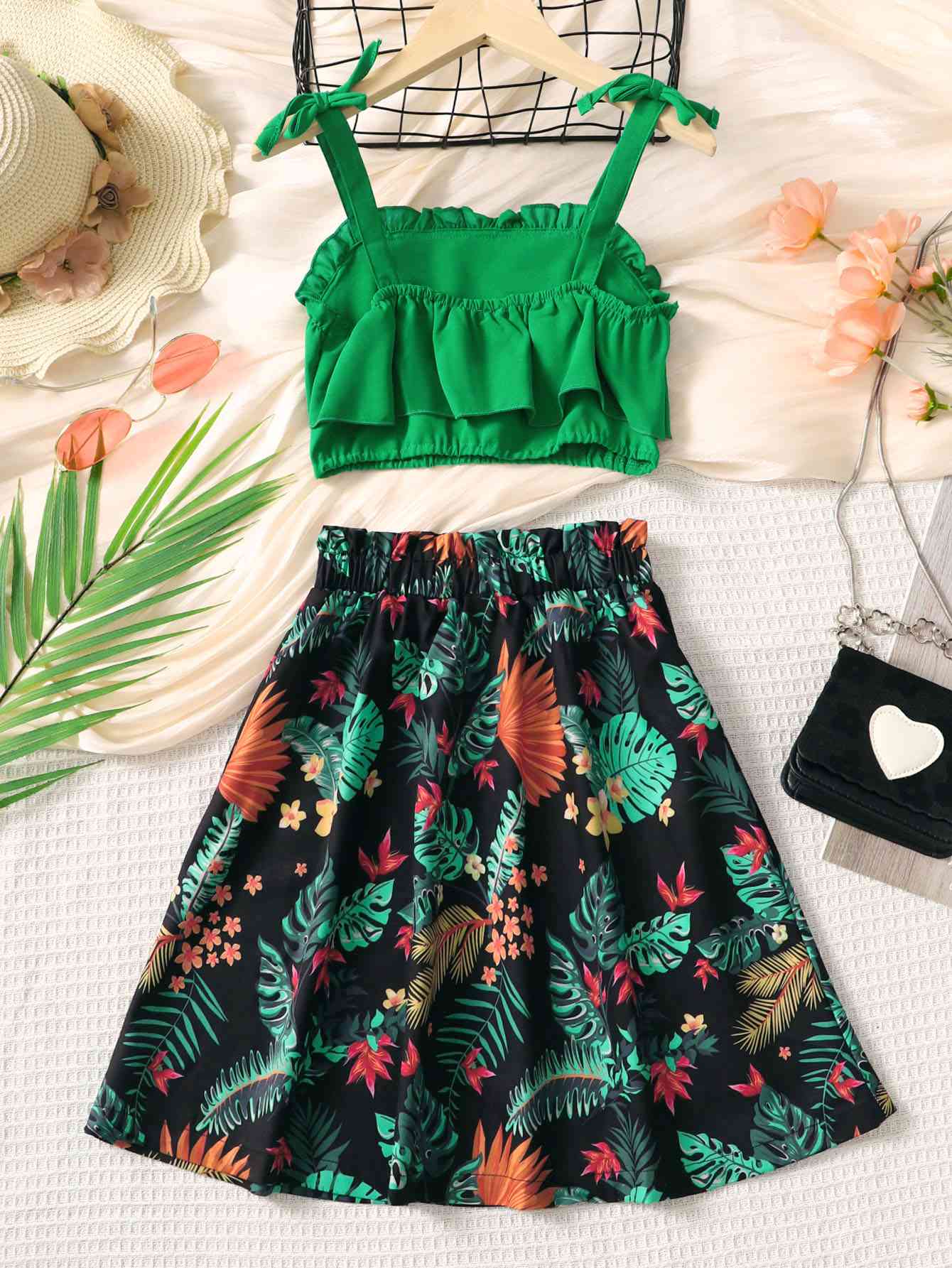 Kids Layered Cami and Floral Skirt Set Trendsi