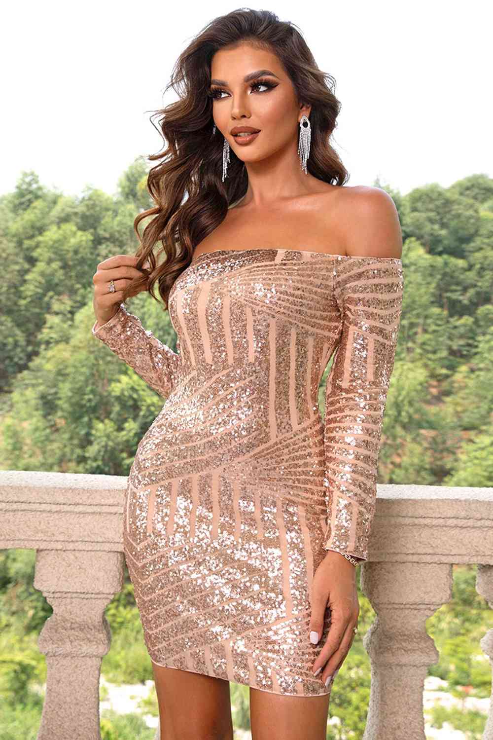 Off-Shoulder Long Sleeve Sequin Mini Dress Trendsi