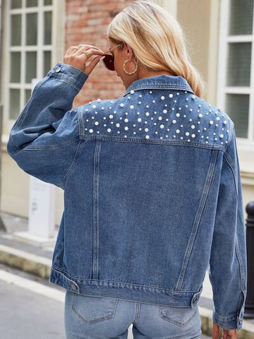 Pearl Detail Collared Neck Long Sleeve Denim Jacket Trendsi