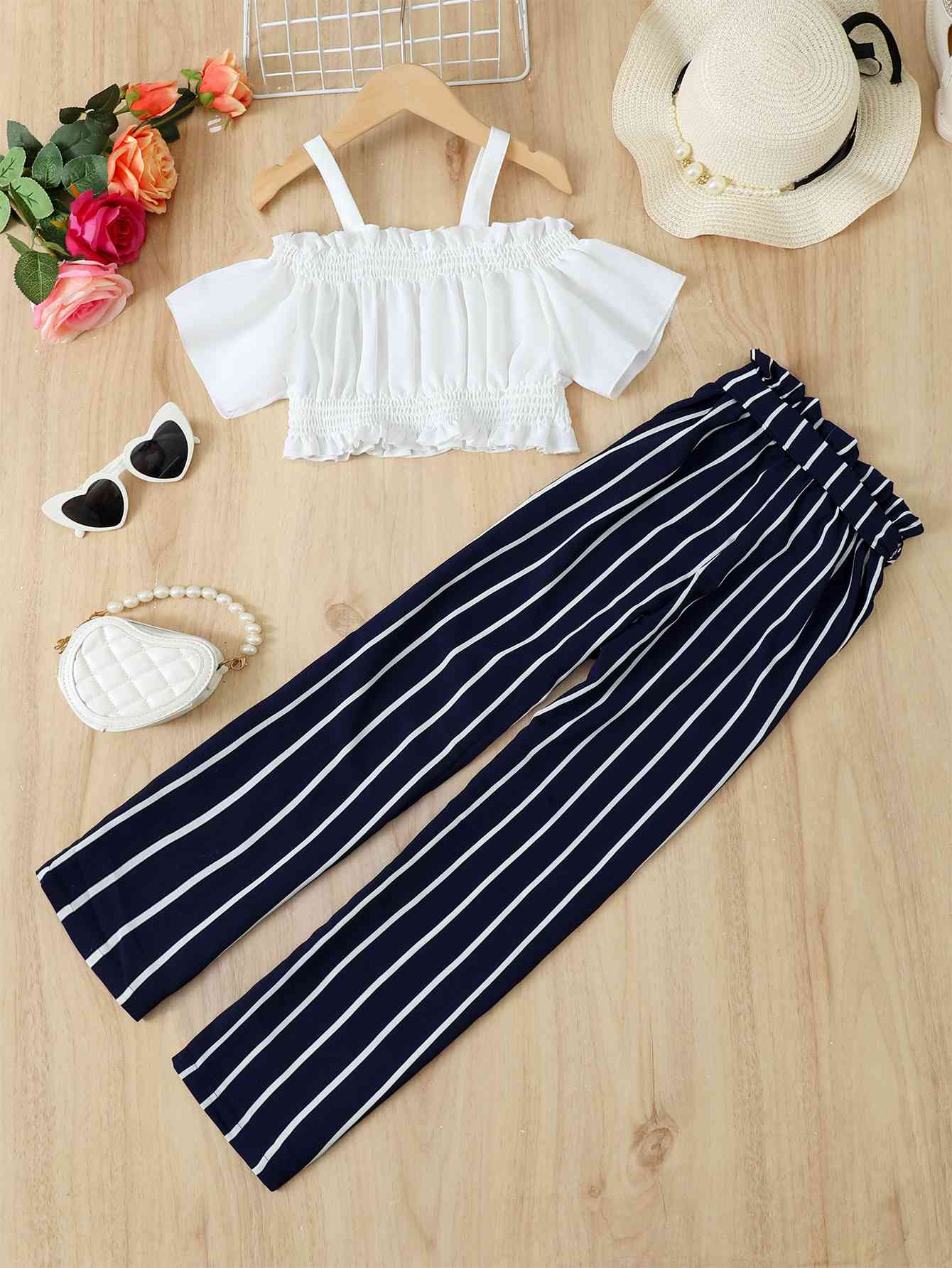 Kids Frill Trim Cropped Top and Striped Pants Set Trendsi