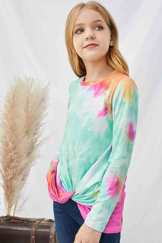 Girls Tie-Dye Twist Front Long Sleeve Top Trendsi