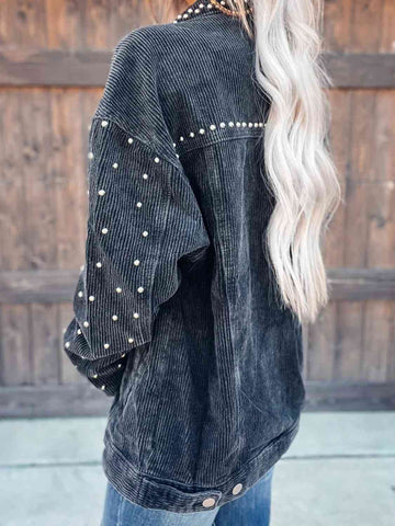 Studded Collared Neck Button Down Jacket Fashion Boss 21