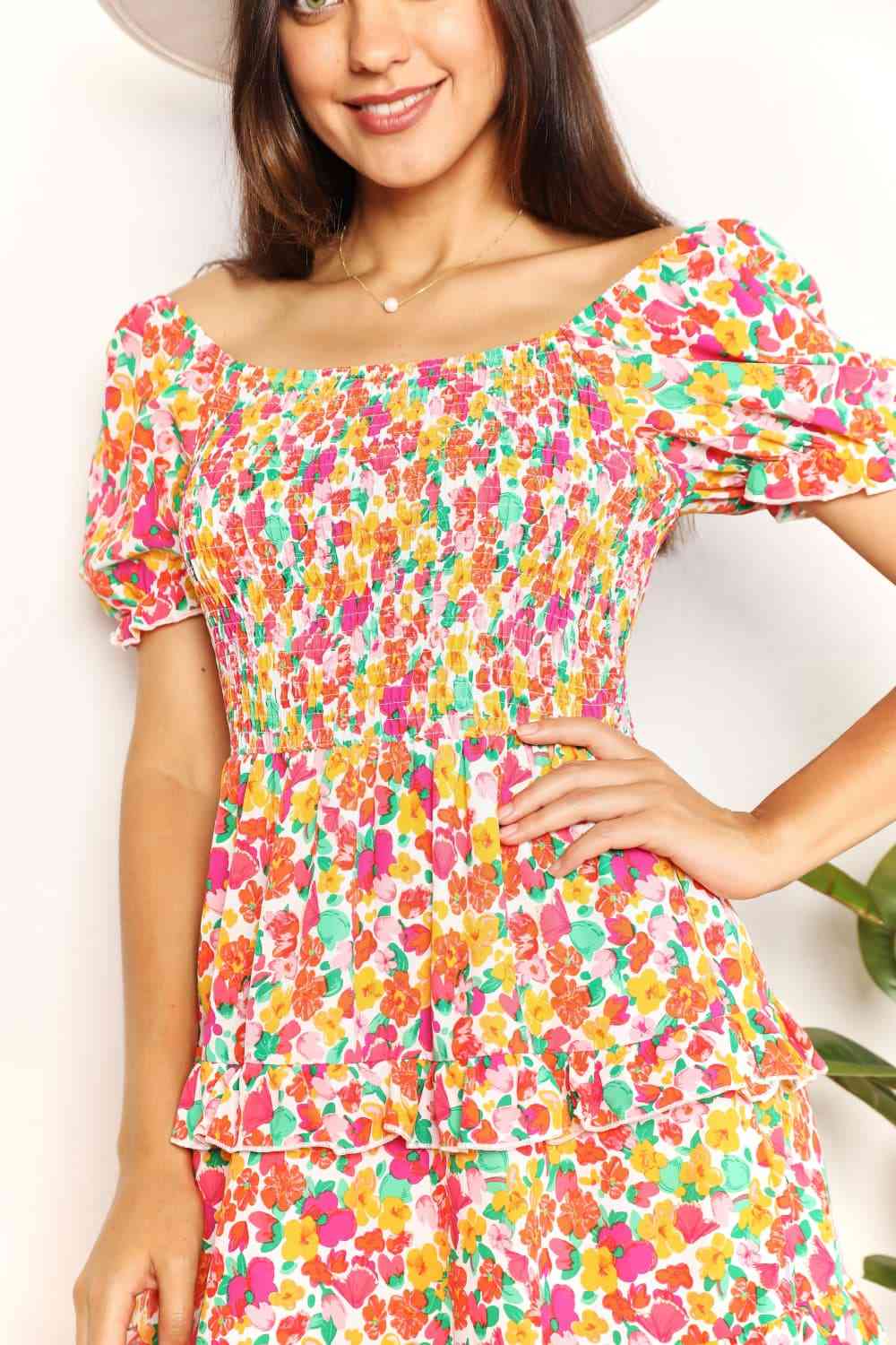 Double Take Smocked Sweetheart Neck Flounce Sleeve Mini Dress Trendsi