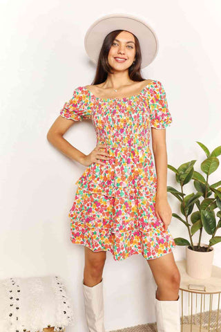 Double Take Smocked Sweetheart Neck Flounce Sleeve Mini Dress Trendsi