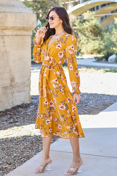 Double Take Full Size Floral Tie Back Flounce Sleeve Dress Trendsi
