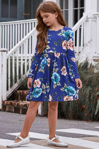 Girls Floral Long Sleeve Dress with Pockets Trendsi