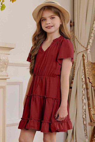 Girls Frilled Notched Neck Puff Sleeve Dress Trendsi