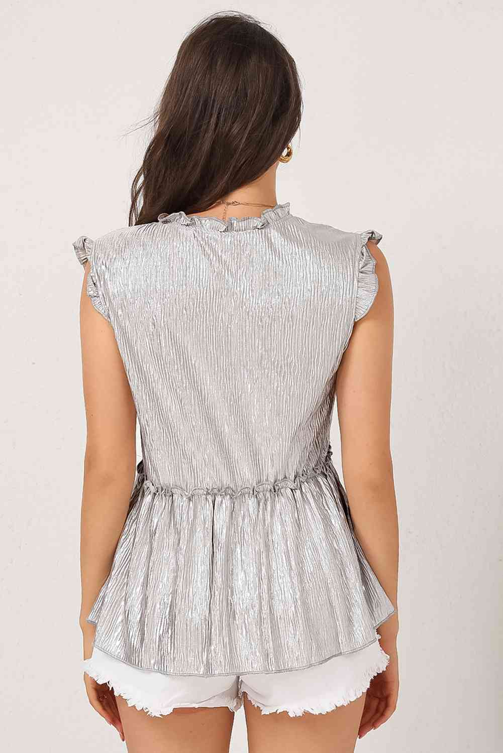 Frill Trim V-Neck Metallic Blouse Trendsi