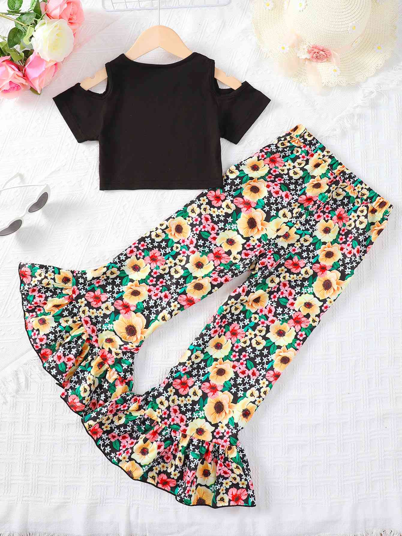 Kids Cold-Shoulder Top and Floral Flare Pants Set Trendsi